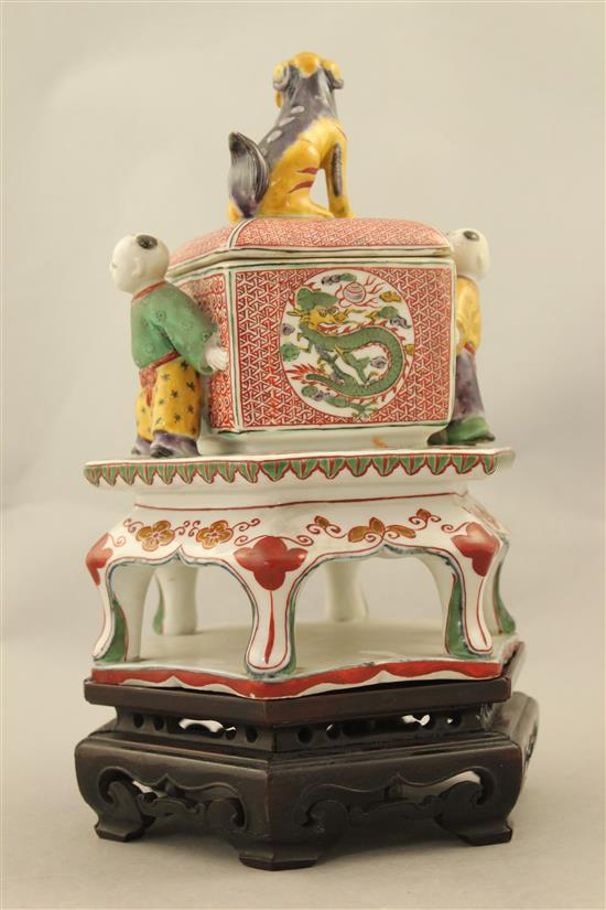 A Japanese Kutani koro and cover, 19th century, 22.5cm, wood stand, restorations